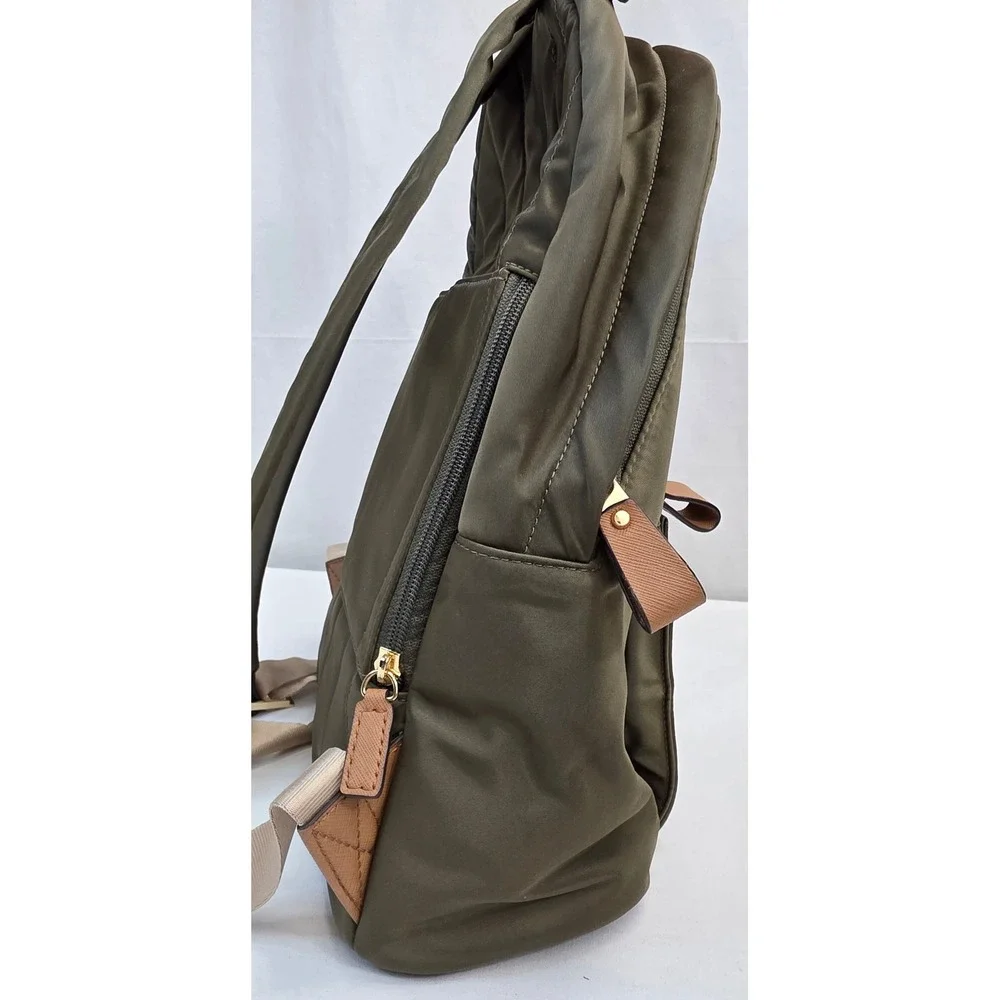 Michael Kors Olive Green Nylon Backpack with Tan Leather Trim and Gold Hardware - Picture 9 of 16